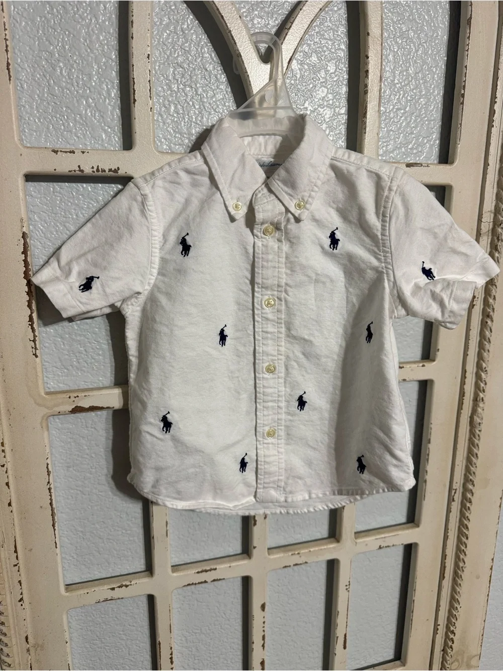 Ralph Lauren White Short-Sleeve Button-Down with Navy Pony Embroidery